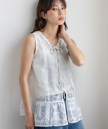 シアー刺繍オーガンジータンク レースアップ バッグリボン
