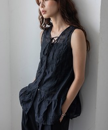 シアー刺繍オーガンジータンク レースアップ バッグリボン
