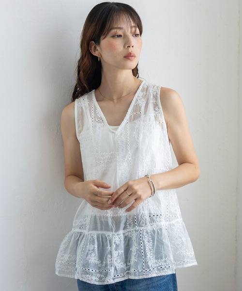 No Rule No Line(ノール-ルノーライン)の「シアー刺繍オーガンジータンク レースアップ バッグリボン(シャツ/ブラウス・レディース・ブラック/ホワイト・FREE)」の7枚目の写真