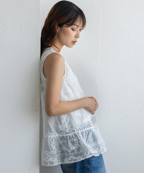 No Rule No Line(ノール-ルノーライン)の「シアー刺繍オーガンジータンク レースアップ バッグリボン(シャツ/ブラウス・レディース・ブラック/ホワイト・FREE)」の9枚目の写真
