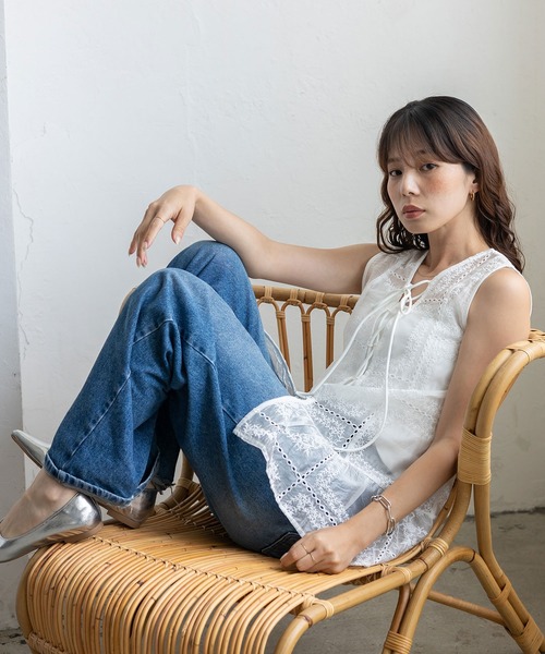 No Rule No Line(ノール-ルノーライン)の「シアー刺繍オーガンジータンク レースアップ バッグリボン(シャツ/ブラウス・レディース・ブラック/ホワイト・FREE)」の4枚目の写真