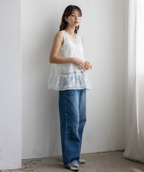 No Rule No Line(ノール-ルノーライン)の「シアー刺繍オーガンジータンク レースアップ バッグリボン(シャツ/ブラウス・レディース・ブラック/ホワイト・FREE)」の11枚目の写真