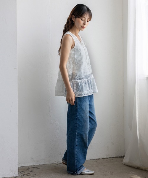 No Rule No Line(ノール-ルノーライン)の「シアー刺繍オーガンジータンク レースアップ バッグリボン(シャツ/ブラウス・レディース・ブラック/ホワイト・FREE)」の12枚目の写真