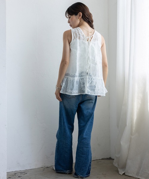 No Rule No Line(ノール-ルノーライン)の「シアー刺繍オーガンジータンク レースアップ バッグリボン(シャツ/ブラウス・レディース・ブラック/ホワイト・FREE)」の14枚目の写真