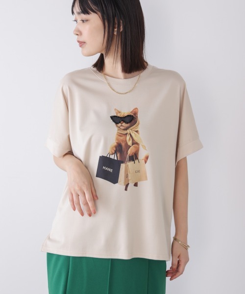 Bou Jeloud(ブージュルード)の「キャットグラフィックTシャツ(Tシャツ/カットソー・レディース・ベージュ/オフホワイト/チャコールグレー・FREE)」の3枚目の写真