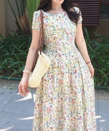 花柄 パフスリーブ ウエストマーク ミニワンピース