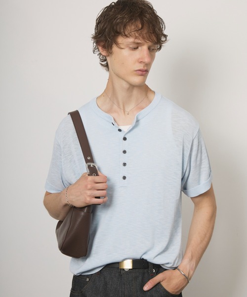 Adoon plain（アドーンプレーン）の「MERANGE SHEER HENRY NECK T / メランジシアーヘンリーネックT（Tシャツ/カットソー・メンズ・チャコールグレー/ライトブルー/ボルドー・MEDIUM/LARGE）」の2枚目の写真