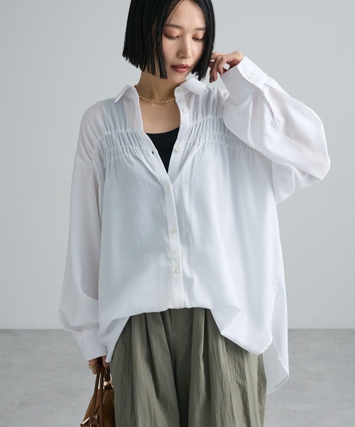Green　Parks（グリーンパークス）の「【しゃれシャツ】2wayシャーリングシャツ（シャツ/ブラウス・レディース・ネイビー/ピンク/オフホワイト/ベージュ/キャメル・FREE）」の2枚目の写真