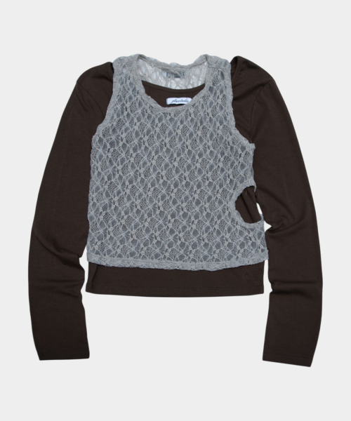 PLACE STUDIO（プレイススタジオ）の「ウィメンズ 配色レースレイヤードノースリーブ & ロングスリーブ スリムフィットTシャツ ルームウェアセット_2COLOR（Tシャツ/カットソー・レディース・ブラウン/チャコール・FREE）」の4枚目の写真