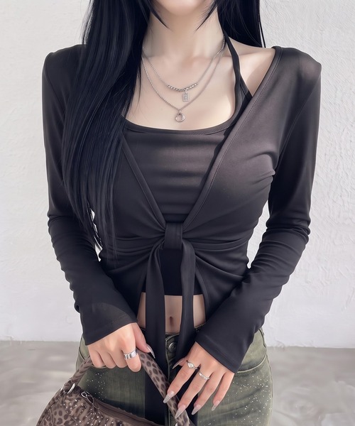 non-hedge（ノンヘッジ）の「キャミクロスプルオーバーキャミソールセット（Tシャツ/カットソー・レディース・ブラック/オフホワイト/チャコールグレー・FREE）」の2枚目の写真