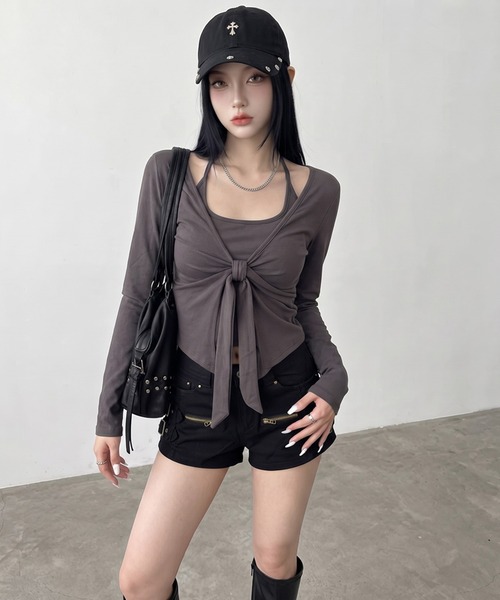non-hedge（ノンヘッジ）の「キャミクロスプルオーバーキャミソールセット（Tシャツ/カットソー・レディース・ブラック/オフホワイト/チャコールグレー・FREE）」の14枚目の写真