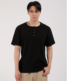 ベーシックヘンリーネックワッフル半袖Tシャツ_ブラック