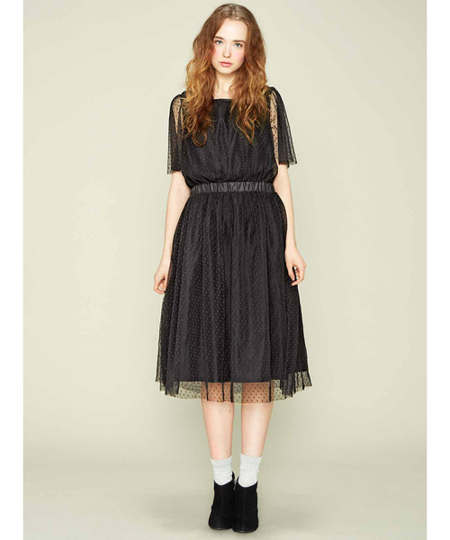 シロップ．（シロップ．）の「ドットチュールのゆらゆらプリーツワンピース（ドレス・レディース・ブラック/ベージュ・SMALL/MEDIUM/LARGE/X-LARGE/XX-LARGE）」の12枚目の写真