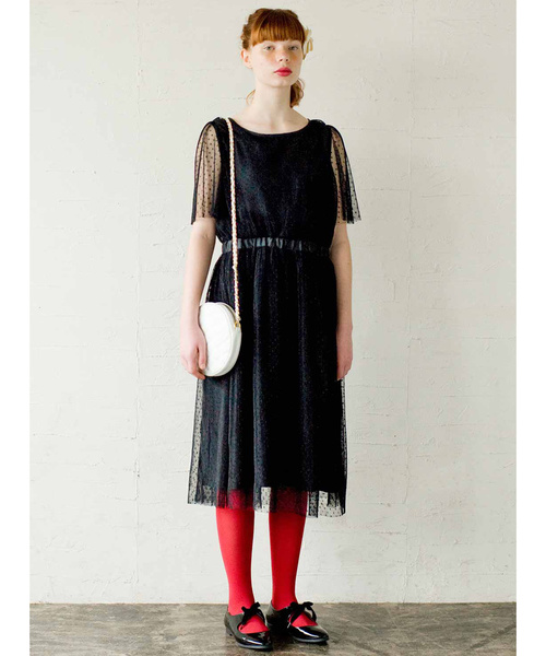 シロップ．（シロップ．）の「ドットチュールのゆらゆらプリーツワンピース（ドレス・レディース・ブラック/ベージュ・SMALL/MEDIUM/LARGE/X-LARGE/XX-LARGE）」の5枚目の写真