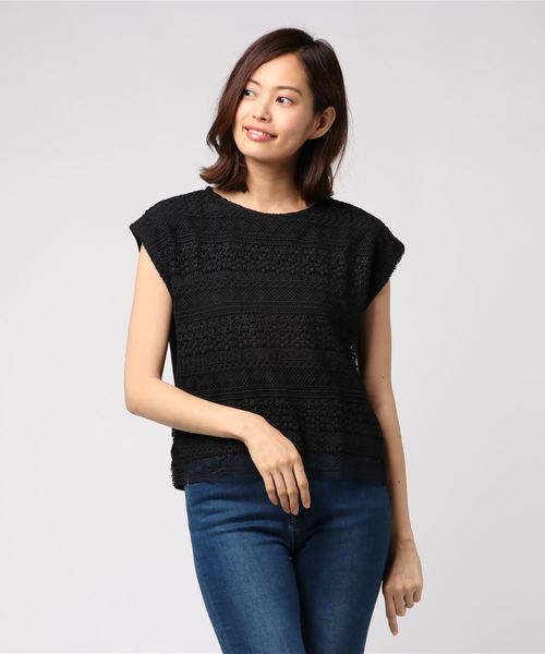 KOBE LETTUCE（コウベレタス）の「フレンチスリーブフロントレースカットソートップス＊レディース/Tシャツ[C3338]神戸レタス（Tシャツ/カットソー・レディース・ブラック/オフホワイト/マスタード・FREE）」の2枚目の写真