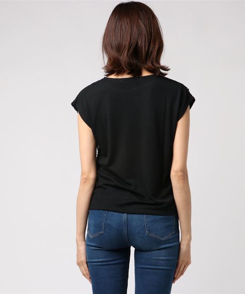 KOBE LETTUCE（コウベレタス）の「フレンチスリーブフロントレースカットソートップス＊レディース/Tシャツ[C3338]神戸レタス（Tシャツ/カットソー・レディース・ブラック/オフホワイト/マスタード・FREE）」の5枚目の写真