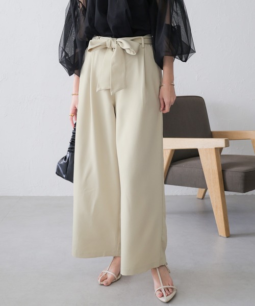 美品✨Aimeine エメイン オールインワン ワイドパンツ ベージュ系 M セール】きれいめツイル美脚ウエストリボンタックワイドパンツ