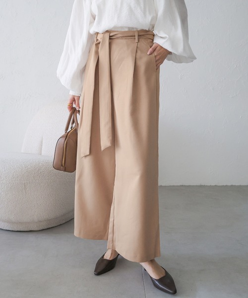 美品✨Aimeine エメイン オールインワン ワイドパンツ ベージュ系 M セール】きれいめツイル美脚ウエストリボンタックワイドパンツ