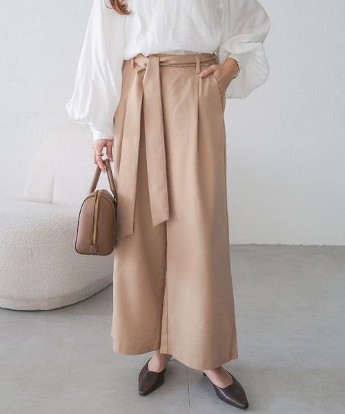 きれいめツイル美脚ウエストリボンタックワイドパンツ（スラックス