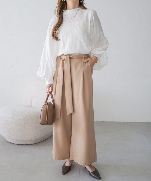 美品✨Aimeine エメイン オールインワン ワイドパンツ ベージュ系 M セール】きれいめツイル美脚ウエストリボンタックワイドパンツ
