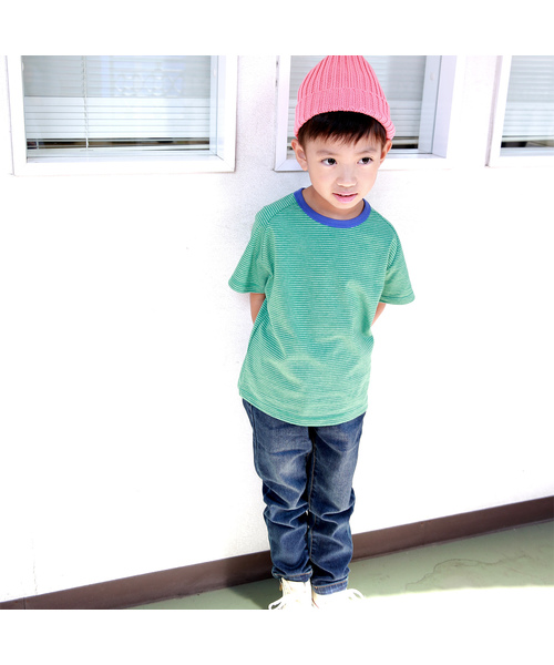 DILASH(ディラッシュ)の「先染めボーダー天竺 ミジンボーダーゆるっと半袖Tシャツ(Tシャツ/カットソー・キッズ・オフホワイト/ピンク/ブルー/イエロー/グリーン・120/130/110/90/80/140/100)」の9枚目の写真
