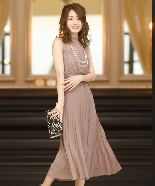 PourVous（プールヴー）の「シャーリングワンピースドレス 大きいサイズ ノースリーブ&ミモレ丈 結婚式 フォーマル オケージョンドレス お呼ばれ 二次会 成人式 （ドレス・レディース・ブラック/ネイビー/グレー/アーミー/ピンクベージュ/バーガンディー・M/XL）」の5枚目の写真