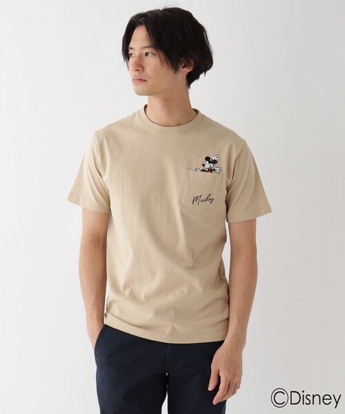 Disney ディズニー ポケット刺繍 ミッキーマウス コットン半袖tシャツ