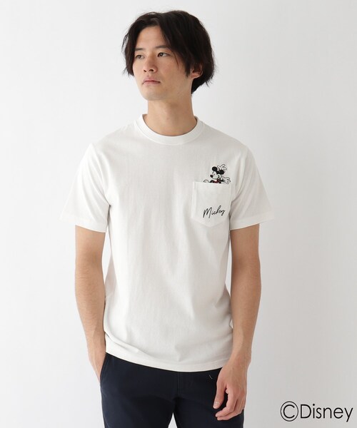 Disney ディズニー ポケット刺繍 ミッキーマウス コットン半袖tシャツ