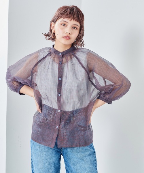 cepo（セポ）の「ミックスシアーギャザーブラウス（シャツ/ブラウス・レディース・オレンジ/ブルー・M）」の4枚目の写真