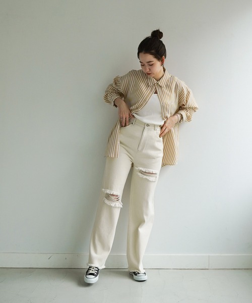 TINA：JOJUN（ティーナジョジュン）の「ダメージ ストレート デニム パンツ TINA：JOJUN（デニムパンツ・レディース・ライトブルー/アイボリー・S/M/XS）」の10枚目の写真