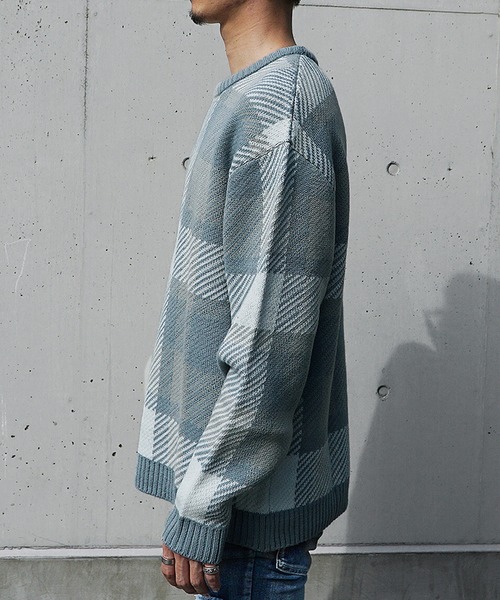 JOKER（ジョーカー）の「【新色追加】ルーズシルエット ビッグチェックニット メンズ 長袖セーター オーバーサイズ ニットセーター 春服（ニット/セーター・メンズ・グレー系その他/ブラック/ブルー/チャコール・L/M）」の10枚目の写真
