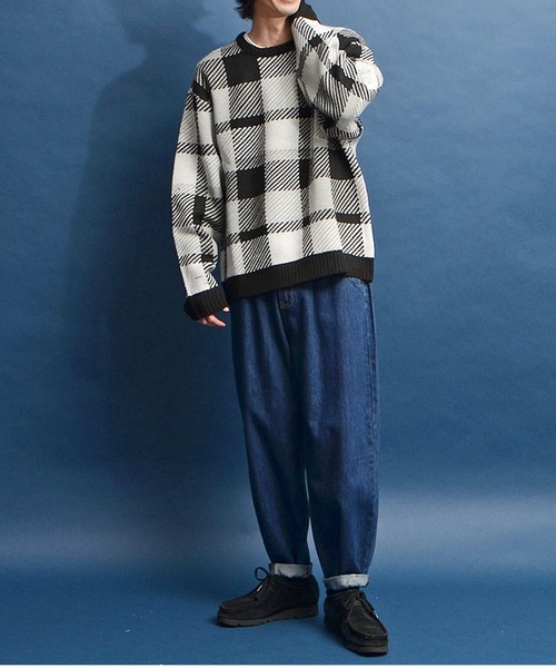 JOKER（ジョーカー）の「【新色追加】ルーズシルエット ビッグチェックニット メンズ 長袖セーター オーバーサイズ ニットセーター 春服（ニット/セーター・メンズ・グレー系その他/ブラック/ブルー/チャコール・L/M）」の15枚目の写真