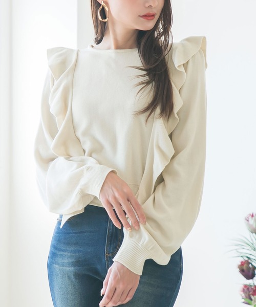 Newlyme(ニューリーミー)の「2WAYリボンフリルショルダーニット(ニット/セーター・レディース・アイボリー/モカ/ベージュ/ラベンダー/ブラック・X-LARGE/MEDIUM/LARGE/XX-LARGE)」の2枚目の写真