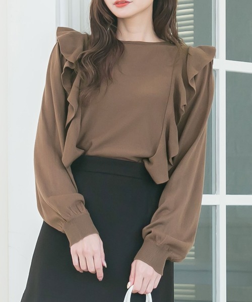 Newlyme(ニューリーミー)の「2WAYリボンフリルショルダーニット(ニット/セーター・レディース・アイボリー/モカ/ベージュ/ラベンダー/ブラック・X-LARGE/MEDIUM/LARGE/XX-LARGE)」の3枚目の写真