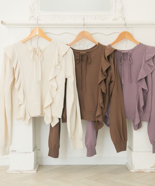 Newlyme(ニューリーミー)の「2WAYリボンフリルショルダーニット(ニット/セーター・レディース・アイボリー/モカ/ベージュ/ラベンダー/ブラック・X-LARGE/MEDIUM/LARGE/XX-LARGE)」の6枚目の写真