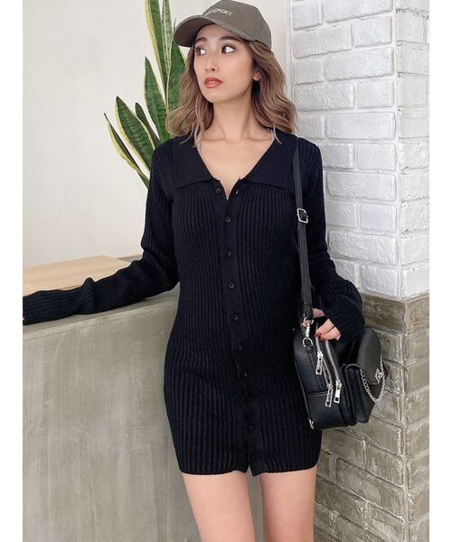 GYDA（ジェイダ）の「POLO collar タイトニットワンピース（ワンピース・レディース・ブラック/オフホワイト・FREE）」の2枚目の写真
