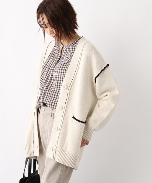 GLOBAL WORK（グローバルワーク）の「アウトリンキング配色カーディガン/260196（カーディガン/ボレロ・レディース・ブラック/アイボリー/グレイッシュベージュ/イエロー系その他・MEDIUM/LARGE）」の2枚目の写真