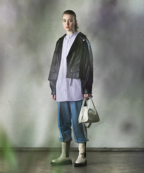 AS KNOW AS PINKY（アズノゥアズピンキー）の「ヴィーガンレザーライダースジャケット（ライダースジャケット・レディース・アイボリー/ブラック/イエロー・FREE）」の4枚目の写真