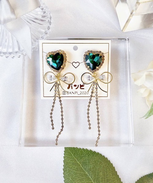 tone(トーン)の「【バンピ】ハートリボンロングビジューピアス(ピアス(両耳用)・レディース・ブラック/ブルー/その他1/レッド/ピンク/パープル/グリーン・FREE)」の3枚目の写真