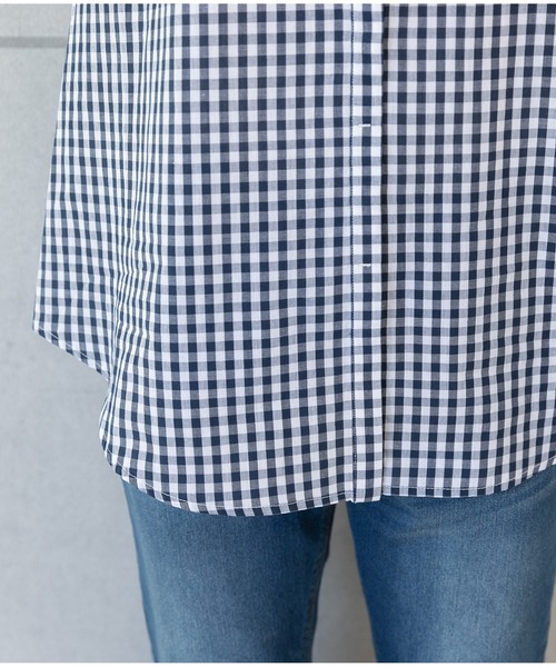 45R ギンガムチェックフリルブラウス シャツ インディゴブルー 3