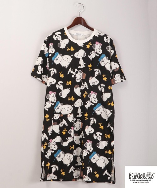 正規品♡スヌーピー♡SNOOPY柄ワンピース♡ダークグレー PEANUTS SNOOPY/スヌーピー 体型カバー 総柄半袖キャラクター