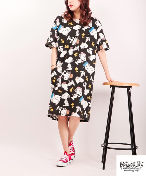 正規品♡スヌーピー♡SNOOPY柄ワンピース♡ダークグレー PEANUTS】SNOOPY×BEAR ジャガードワンピース(ワンピース