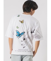 RE730 鮮やかなバタフライ刺繍 ビッグシルエットTシャツ