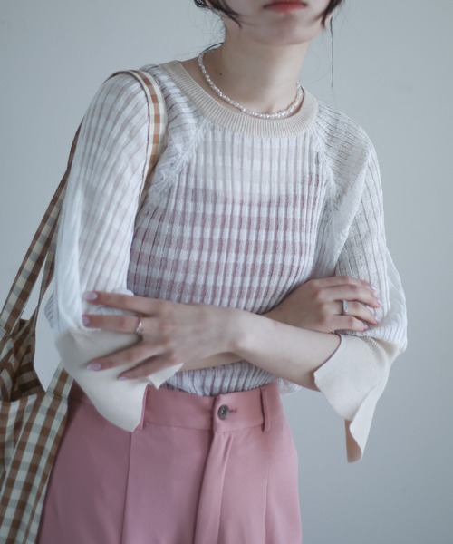 spoon store（スプーンストア）の「配色シアーニット（ニット/セーター・レディース・オフホワイト/ブルー・フリー）」の2枚目の写真