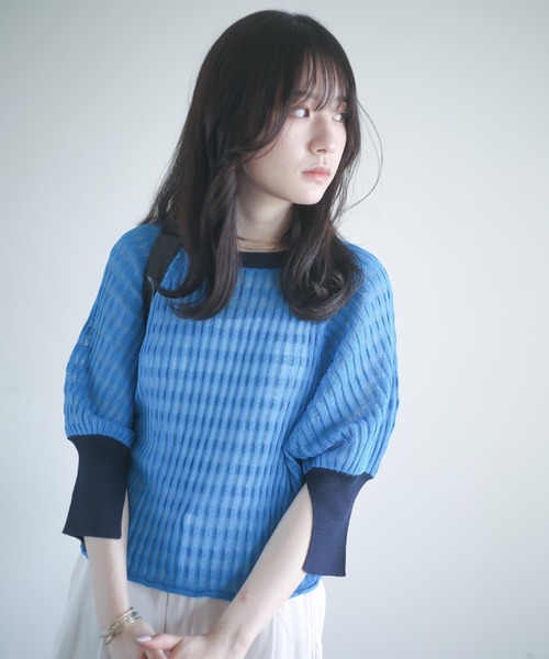 spoon store（スプーンストア）の「配色シアーニット（ニット/セーター・レディース・オフホワイト/ブルー・フリー）」の4枚目の写真