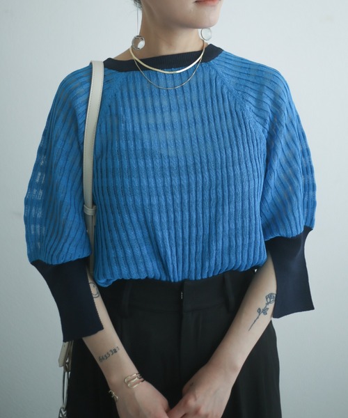 spoon store（スプーンストア）の「配色シアーニット（ニット/セーター・レディース・オフホワイト/ブルー・フリー）」の12枚目の写真