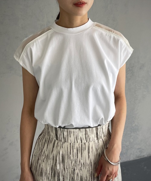 &g'aime(アンジェム)の「【&g’aime】シアー切替フレンチトップス(Tシャツ/カットソー・レディース・ホワイト/ブラック/グレー・FREE)」の4枚目の写真