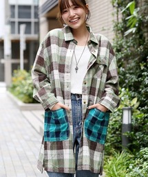 【大きいサイズ】 バイカラーネルチェックシャツワンピース