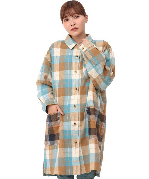 チチカカ（チチカカ）の「【大きいサイズ】 バイカラーネルチェックシャツワンピース（シャツワンピース・レディース・ブルー/ブラウン/グリーン・3L）」の20枚目の写真