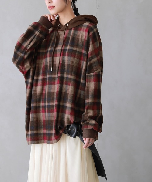 osharewalker（オシャレウォーカー）の「【廃盤】『チェック柄起毛パーカー』（パーカー・レディース・グリーン/ブラウン・FREE）」の12枚目の写真